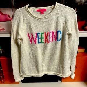 Lilly Pulitzer knit oversized side slit “weekend” sweater- neon lettering xsmall